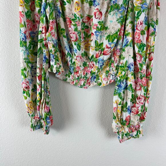 Afrm Cropped Floral Top Womens 1X Pink Green Balloon Long Sleeve Smocked - Picture 5 of 13